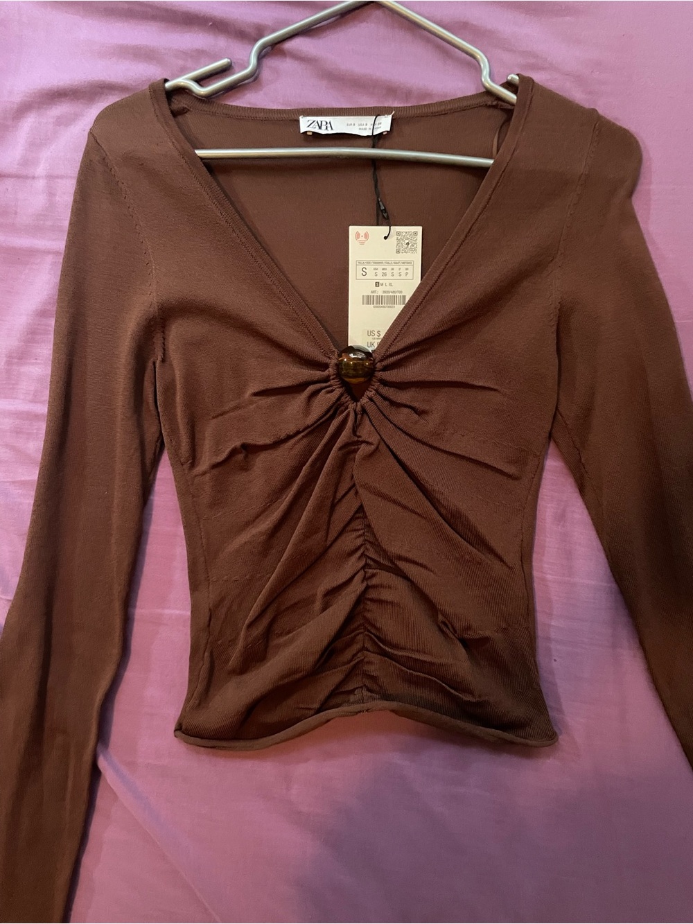Zara Brown Ruched V-Neck Long Sleeve Knit Top